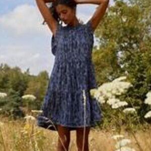 Anthropologie Jenee Tiered Tunic Dress in Blue Motif SZ XS